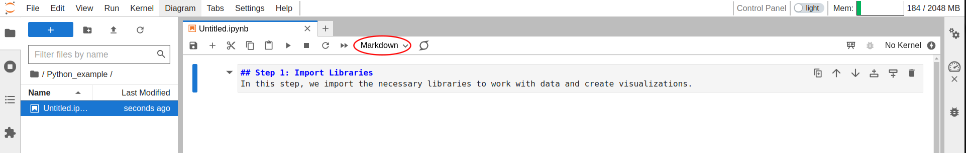 Auswahl von Markdown als Zelltyp