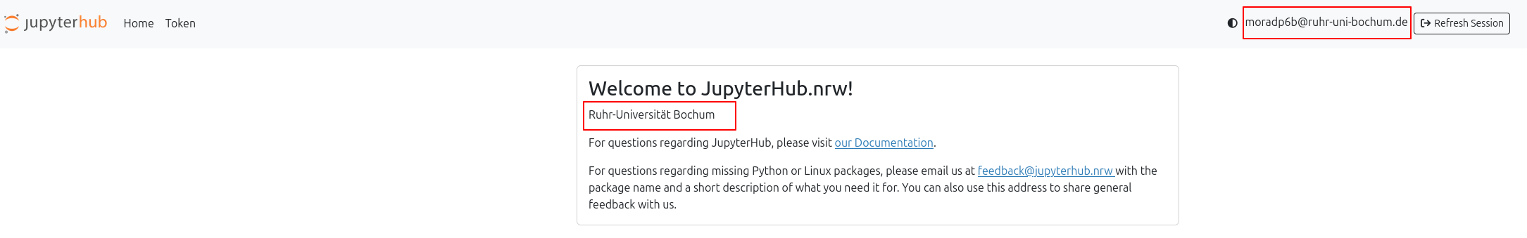JupyterHub.nrw home page with the username highlighted in the top-right corner and the university name shown below the welcome heading