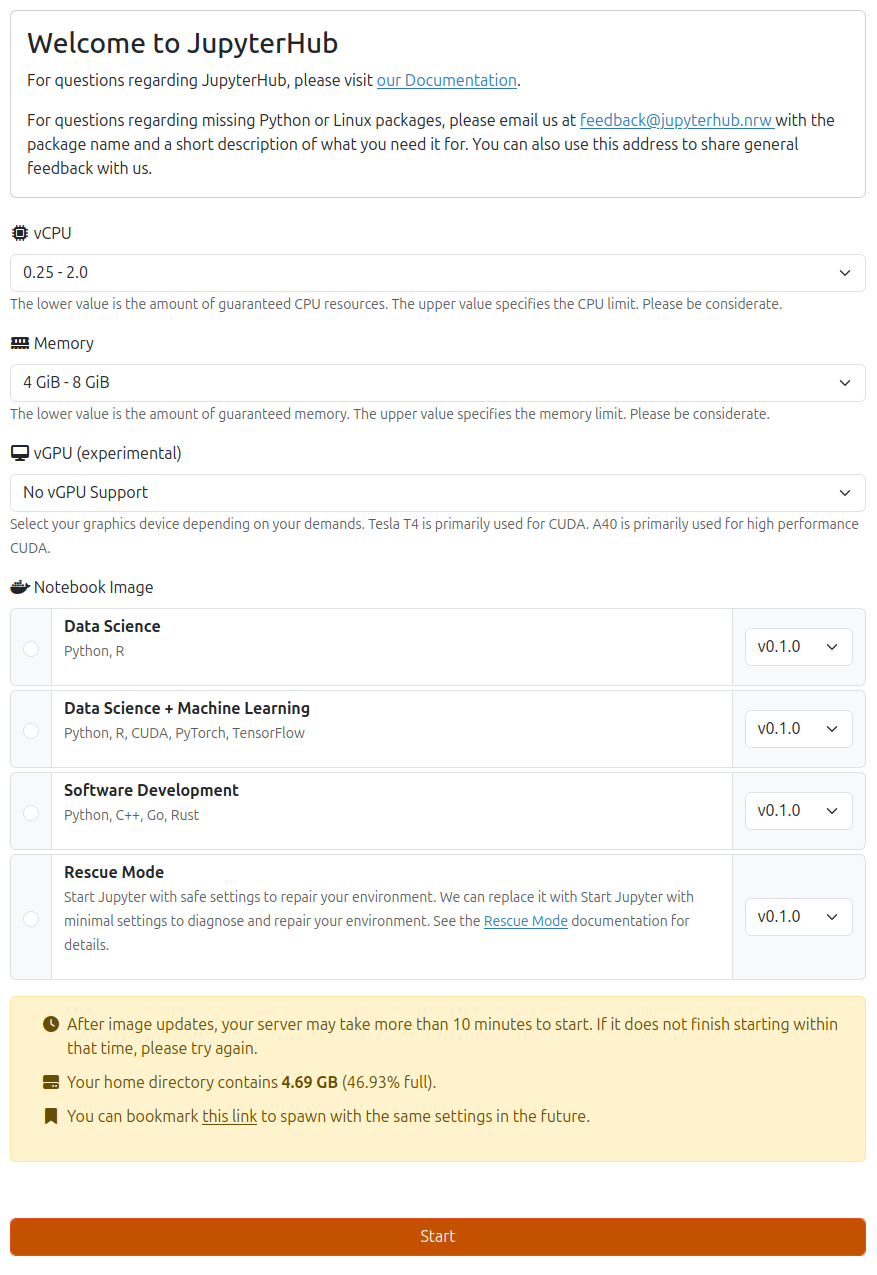 JupyterHub.nrw spawn page with image selection